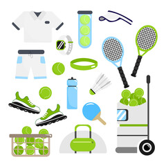 Set of equipment for a tennis player in cartoon style. Vector illustration of T-shirt, shorts, cap, tennis ball, racket, electronic watch, shuttlecock on white background.