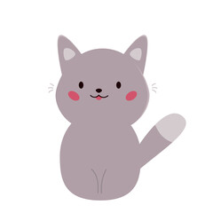 Cute cat on white background. Cartoon kawaii animal. Kitty in gray color. Flat style vector illustration.