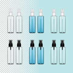 Empty clear plastic bottles with white and black mist spray pumps on transparent background. Hand sanitizer spray bottles on light blue background. Ready for your design. Packaging vector.