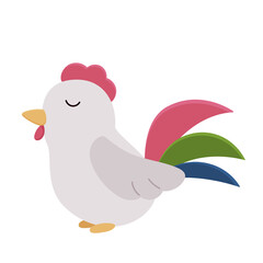 Cute cartoon rooster on white background. Kawaii farm animals. Bird character. Flat style vector illustration.