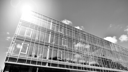 Modern office building with glass facade on a clear sky background. Transparent glass wall of office building. Bright sunny day with sunbeams on the sky.  Black and white.