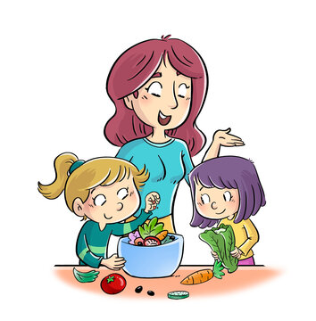 Illustration of mother making a salad with her daughters