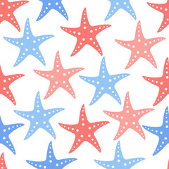 Red and blue star fish on white vector seamless repeating pattern abstract background texture tile in flat style. Gift wrapping paper print. Backdrop.Underwater repeating design template with sea star