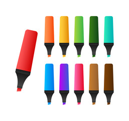 Highlighter pen marker set. School tools. Office supplies. Vector stock illustration. - obrazy, fototapety, plakaty
