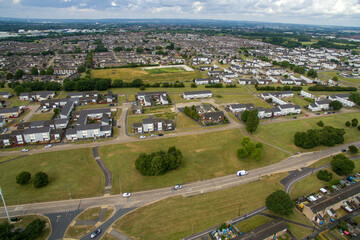 Arial view of suburban housing and shops Bransholme. Kingston upon Hull. Yorkshire 