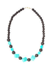 Holiday jewelry - simple necklace made of black porous volcanic beads isolated on white background 