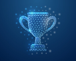 Trophy cup 3d symbol in blue low poly style. Champion, award, prize design concept vector illustration. Winner polygonal wireframe.