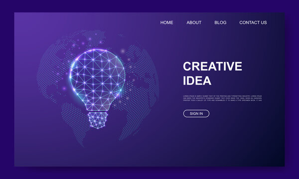 Light bulb 3d low poly website template. Idea design illustration concept. Polygonal Innovation symbol for landing page, advertising page.