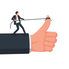 Hard work for good feedback. The businessman likes like. The businessman likes. Pull the rope to raise the thumb up. Vector illustration flat design. Isolated on white background.