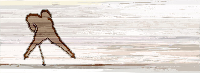 Silhouette of a hockey player in defensive position on a rectangular background with a wood texture in light gray-brown shades for text placement. Isolated element with wood burning effect.