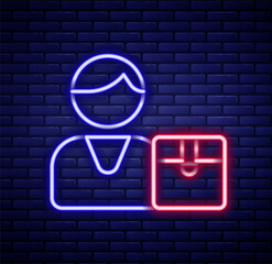 Glowing neon line Buyer icon isolated on brick wall background. Colorful outline concept. Vector