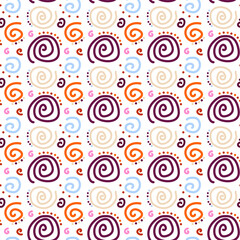 Abstract pattern of pink, orange, blue handwritten spirals and dots. Vector seamless image on a transparent background.