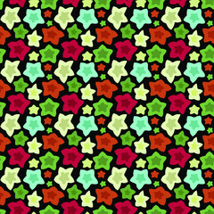 Multicolored stars in the night sky. Bright festive vector pattern. Red, yellow, green, blue shades.