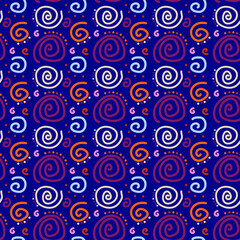 Fototapeta premium Abstract pattern of pink, orange, blue handwritten spirals and dots. Vector seamless image on a blue background.