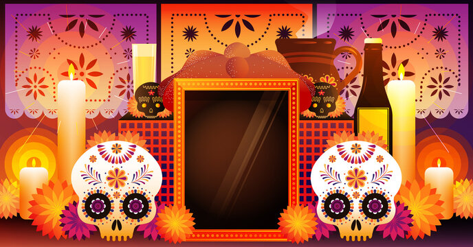 Ilustración de ofrenda para día de muertos un retrato y comida típica mexicana.