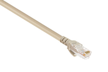 cable with RJ-45 connector, connector for wired internet connection, on a white background