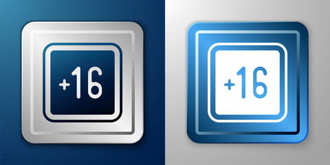 White Plus 16 movie icon isolated on blue and grey background. Adult content. Sixteen plus icon. Censored business concept. Silver and blue square button. Vector