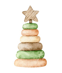 Watercolor illustration eco baby toy. Nursery decor, wood