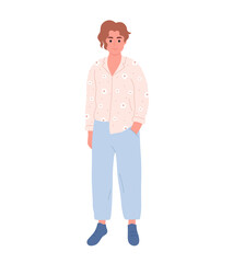 Modern young man in casual outfit. Stylish fashionable look. Hand drawn vector illustration