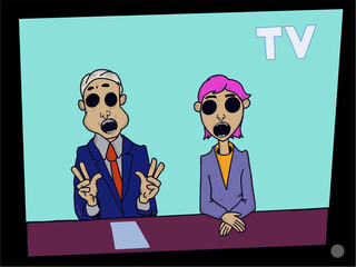 Fake news TV, male and female tv news announcer on screen. Vector illustration