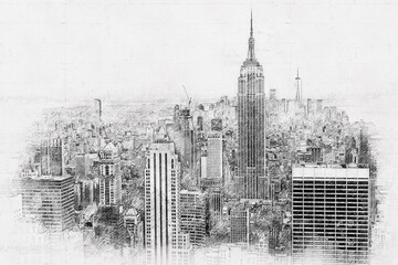 New York City skyline, hand drawn style pencil sketch - obrazy, fototapety, plakaty