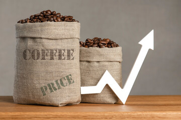 A bag of coffee beans and a chart arrow pointing up. The cost of coffee in the markets of the...
