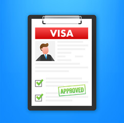 Clipboard with visa application. Travel approval. Immigration visa. Vector stock illustration.