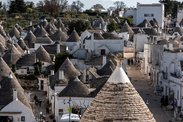 Scenic view over the historic Trulli district in Alberobello, Southern Italy