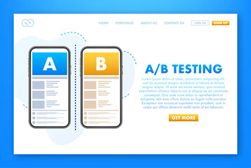 AB testing, split test. Bug Fixing, User Feedback. Homepage landing page template. Vector stock illustration. - obrazy, fototapety, plakaty