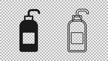 Black Bottle of liquid antibacterial soap with dispenser icon isolated on transparent background. Antiseptic. Disinfection, hygiene, skin care. Vector