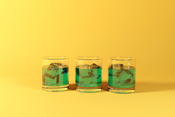 Drinks on an orange background. Concept for preparing drinks, holidays. 3d render, 3d illustration.