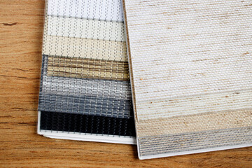 Catalog of different shades of fabric colors. Variety of color of dense fabric. Color palette