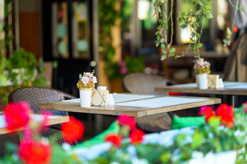 Flowers, napkins and spices on the table in the cafe