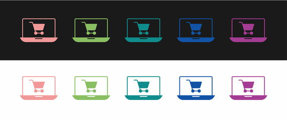 Set Shopping cart on screen laptop icon isolated on black and white background. Concept e-commerce, e-business, online business marketing. Vector