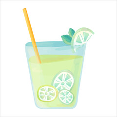 A glass of lemonade with lemon slices and mint leaves. Isolated vector illustration. A glass of citrus lemonade on a white background.