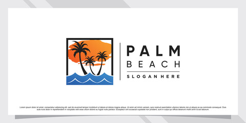 Palm tree and beach logo design inspiration with sun and creative element Premium Vector