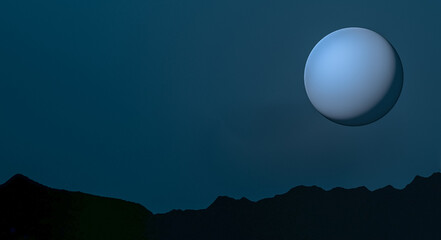 Planet against the background of the silhouette of mountains. Abstract space minimalism relief black landscape of mountains against the background of a blue planet. 3D render.