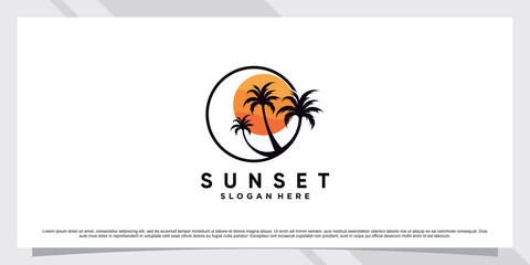 Sunset logo design template with palm tree and creative element Premium Vector