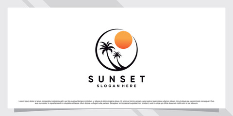Sunset logo design template with palm tree and creative element Premium Vector