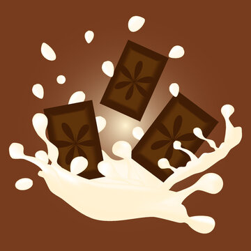 Chocolate pieces with splashes, drops of white chocolate. 3d realistic vector food objects