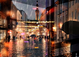 abstract defocuses background rainy festive city night loght people walk with umbrella in medieval...