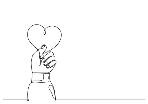 Love. Hand holding heart. Continuous line. Concept border.