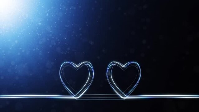 Looping two animated hearts on blue artistic space background.