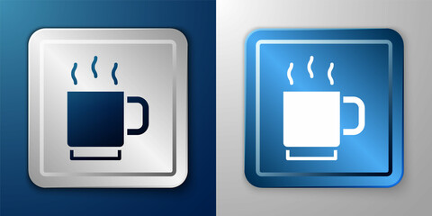 White Coffee cup icon isolated on blue and grey background. Tea cup. Hot drink coffee. Silver and blue square button. Vector