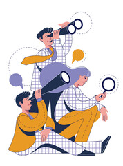 Colleagues looking through telescope, magnifying glass and binocular on the subject of searching of future opportunities, decisions, new business ideas. Business research and development concept.