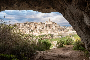 Scenic view of historic downtown with its cathedral, photo taken from a cave house, Southern Italy
