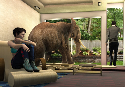 The elephant in the room man and woman uncomfortable with each other. Illustration