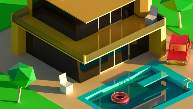 isometric 3d illustration of a modern cottage with swimming pool and low poly cartoon car beside