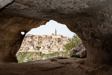 Scenic view of historic downtown with its cathedral, photo taken from a cave house, Southern Italy