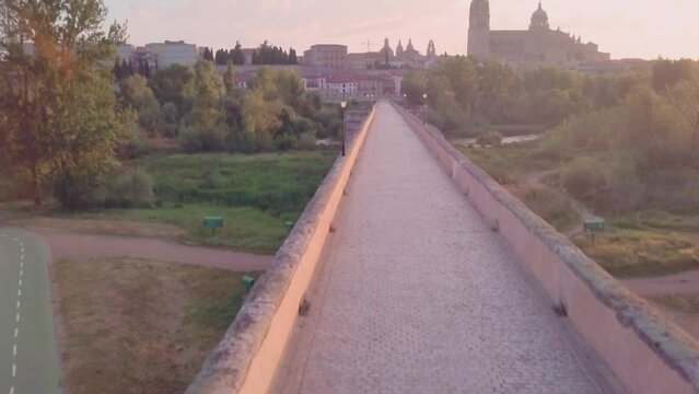 aerial drone view of Salamanca cathedral city, Spain. Latin venezuelan woman trip in europe 